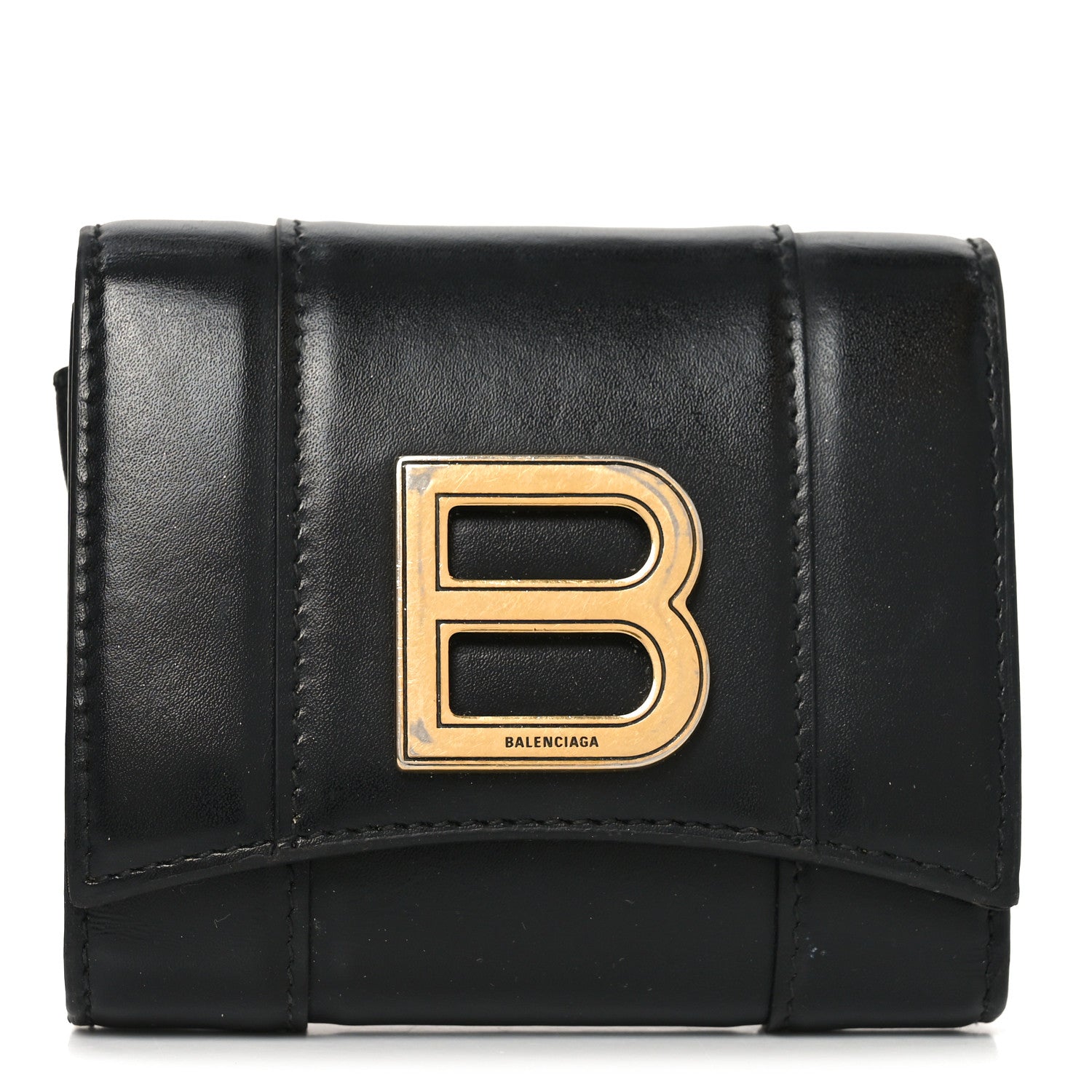Shiny Box Calfskin Hourglass Compact Wallet Black