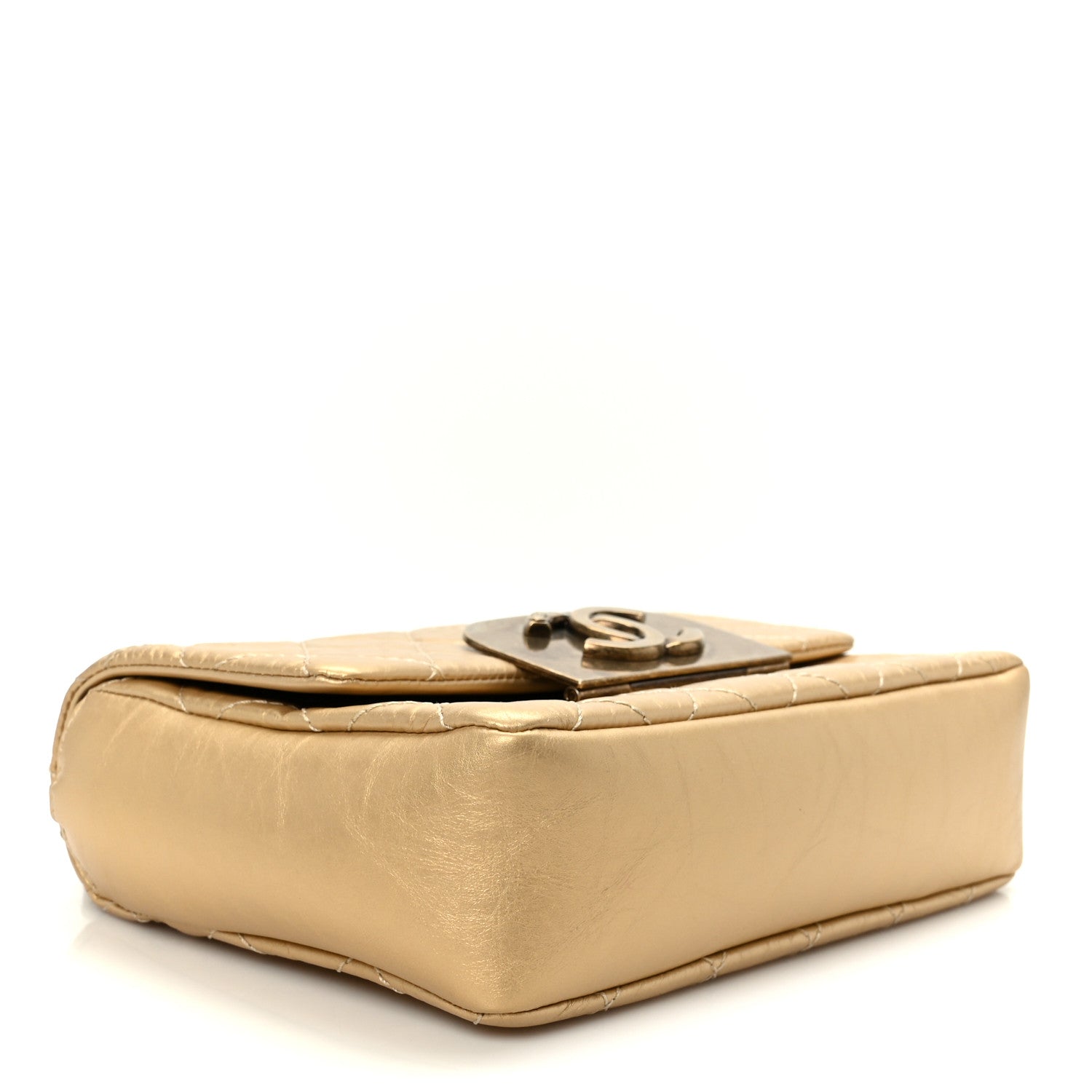 Metallic Aged Calfskin Quilted CC Square Flap Light Gold