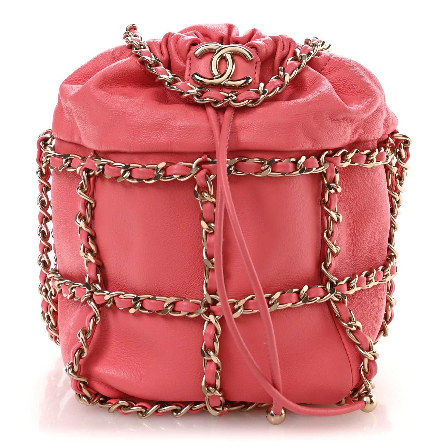 Lambskin Bucket Chain Drawstring Bag Pink