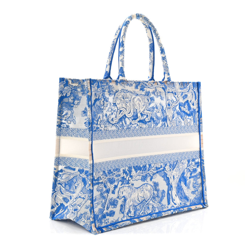 Transparent Canvas Embroidered Large Toile De Jouy Reverse Book Tote Fluorescent Blue