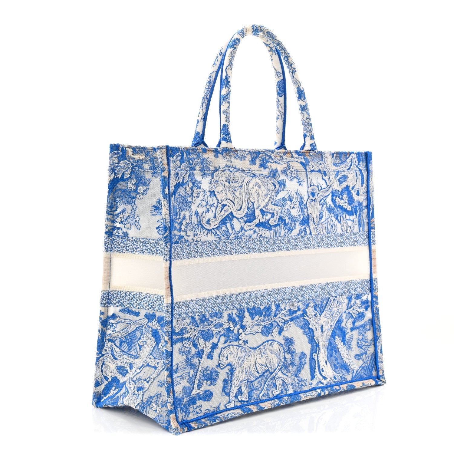 Transparent Canvas Embroidered Large Toile De Jouy Reverse Book Tote Fluorescent Blue