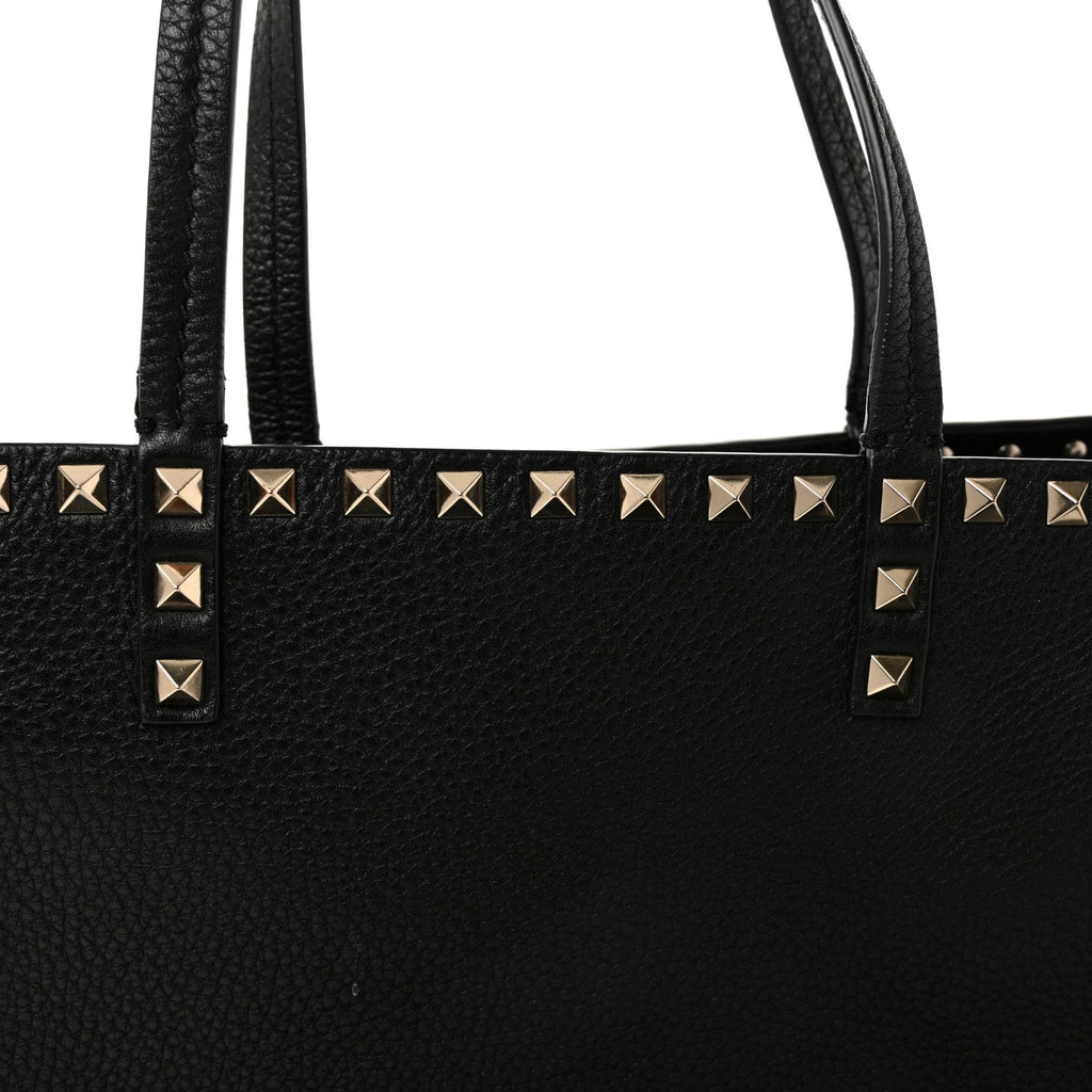 Grained Calfskin Rockstud Double Handle Cinch Tote Black