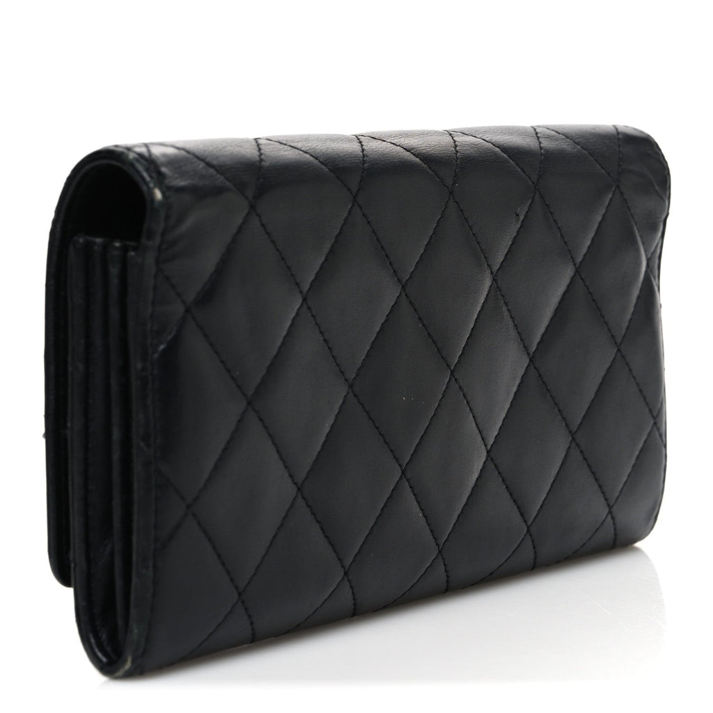 Calfskin Quilted Cambon Gusset Flap Wallet Black