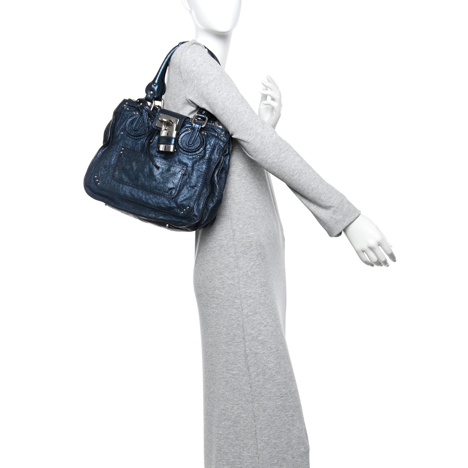 Metallic Calfskin Large Paddington Tote Blue