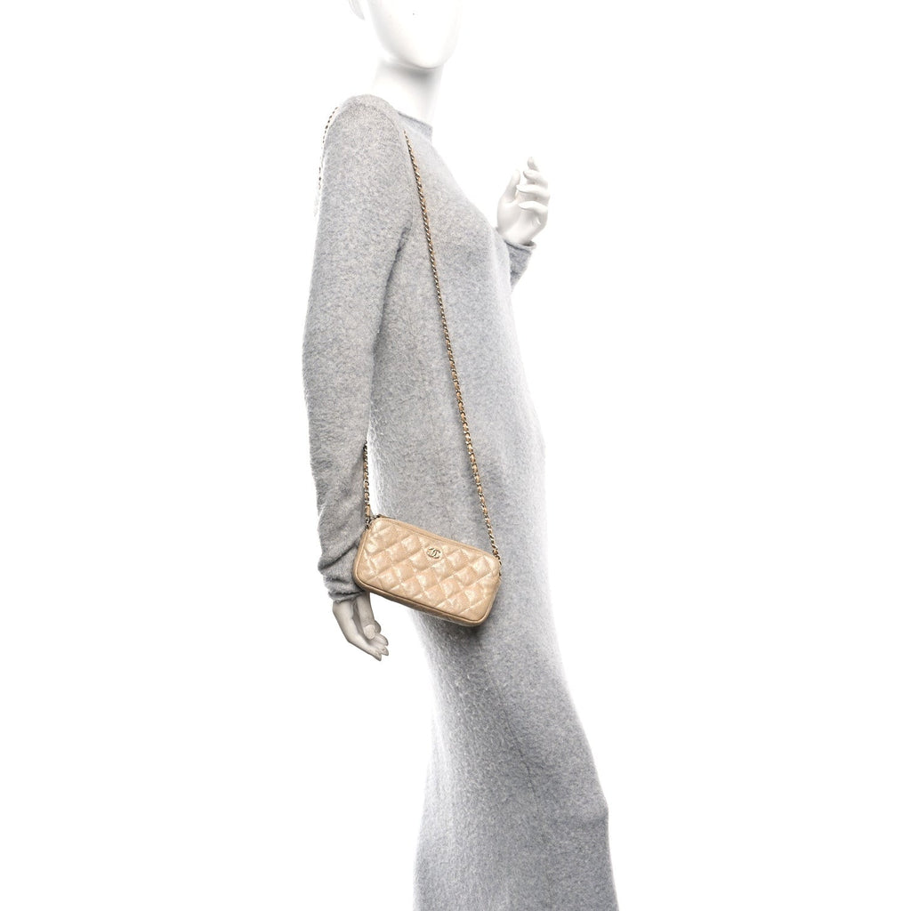 Metallic Caviar Quilted Small Clutch With Chain Gold