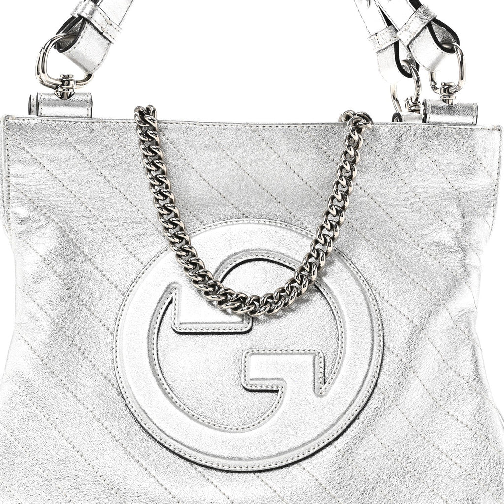 Sakai Be Green Calfskin Diagonal Stitched Small Blondie Tote Silver