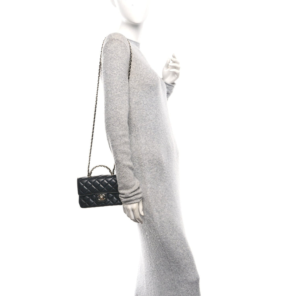 Lambskin Quilted Mini Crystal Top Handle Rectangular Flap Black
