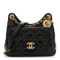 Shiny Crumpled Calfskin Quilted Small Wavy CC Hobo Black