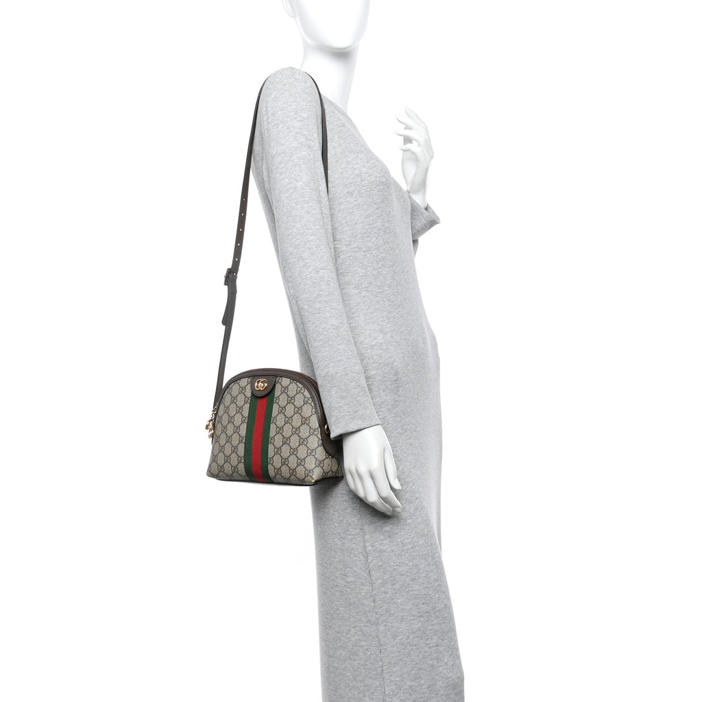 GG Supreme Monogram Textured Dollar Calfskin Web Small Ophidia Dome Shoulder Bag Beige Ebony New Acero