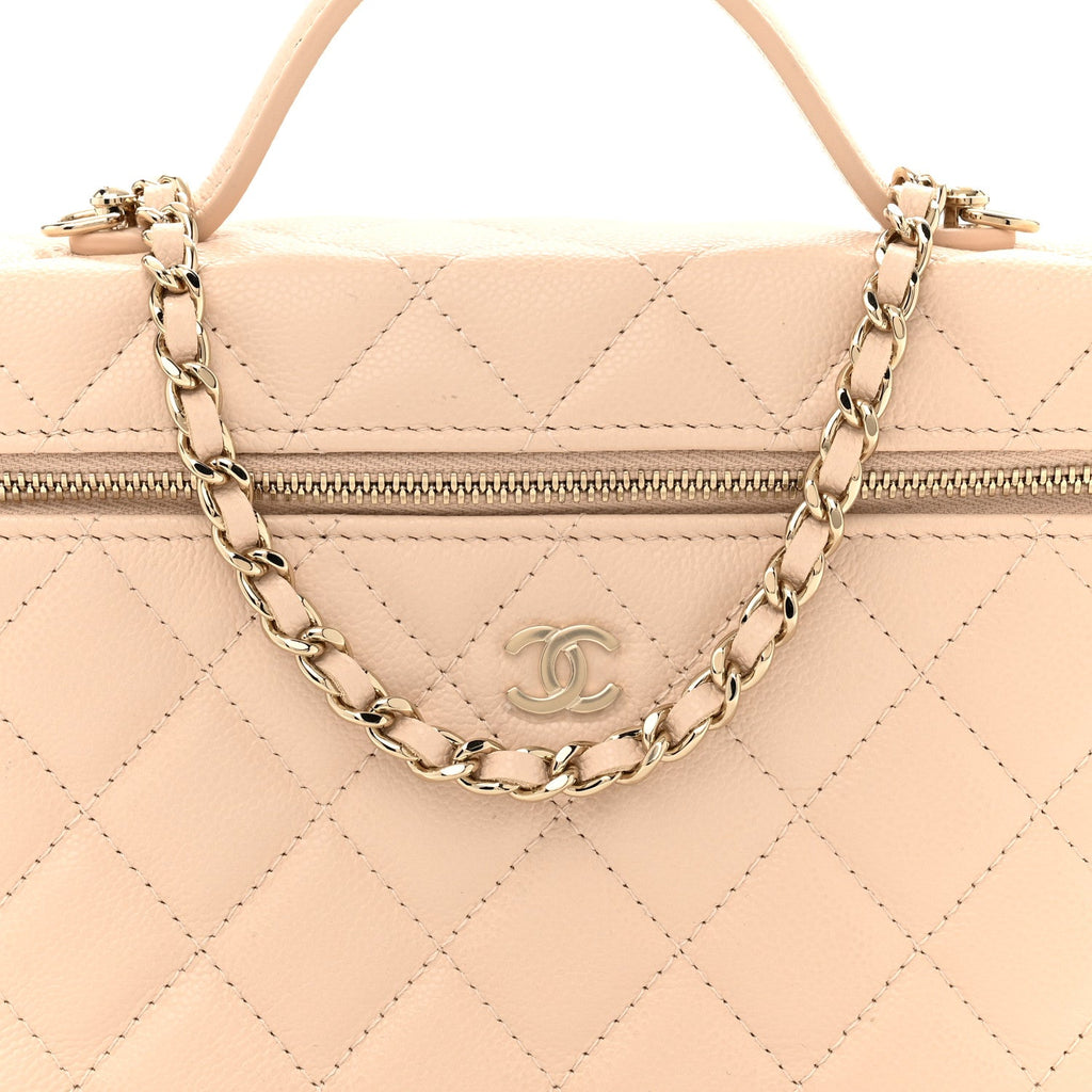 Caviar Quilted Top Handle Slim Vanity With Chain Beige
