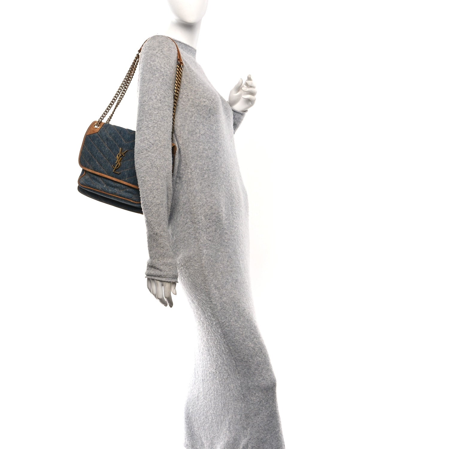 Denim Suede Monogram Medium Niki Chain Satchel Blue Cinnamon