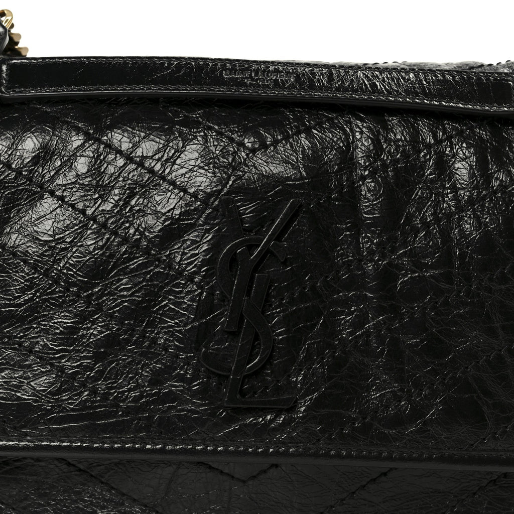 Crinkled Calfskin Matelasse Monogram Medium Niki Chain Satchel Black