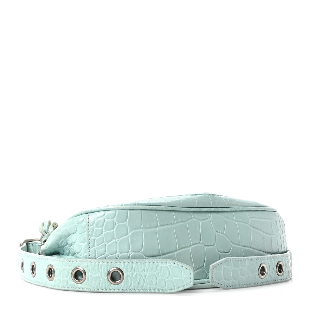 Extra Supple Calfskin Crocodile Embossed Le Cagole Shoulder Bag XS Green Acqua
