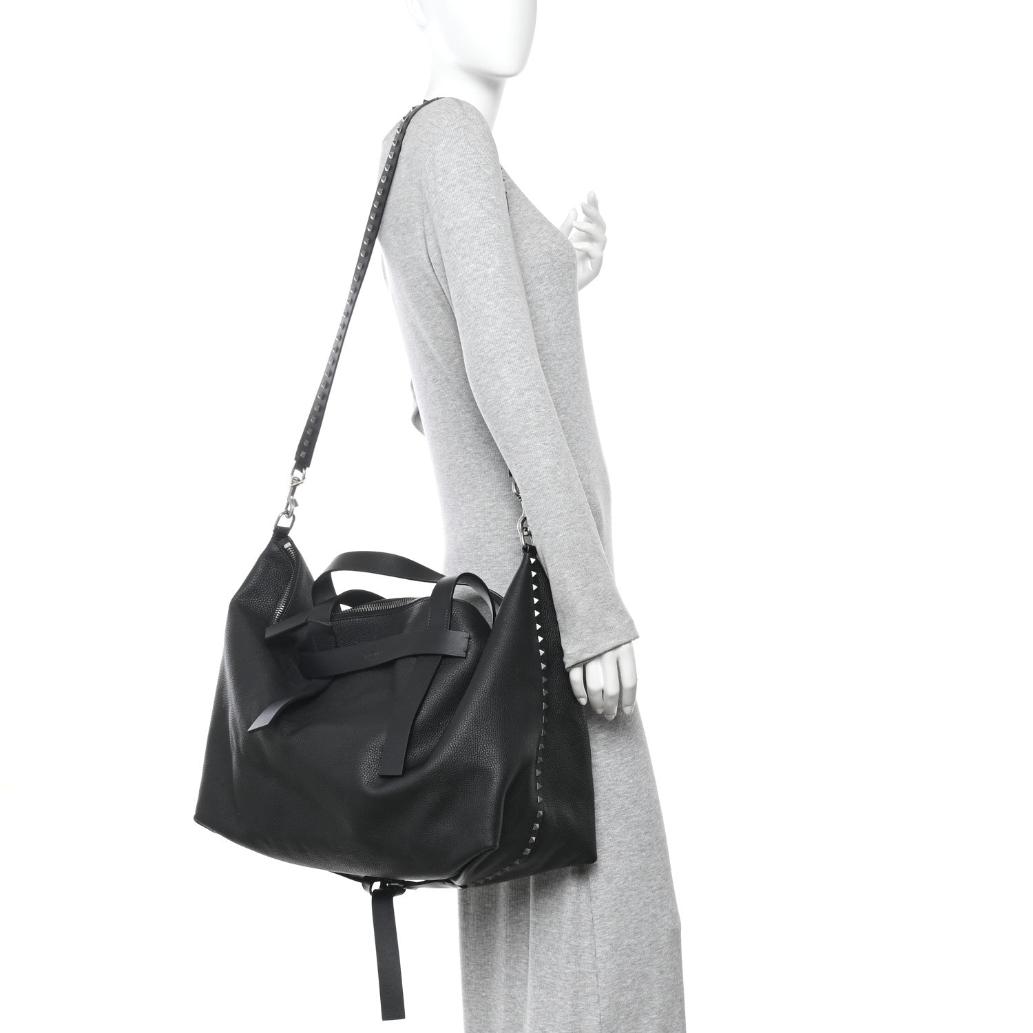 Grained Calfskin Rockstud Travel Tote Bag Black