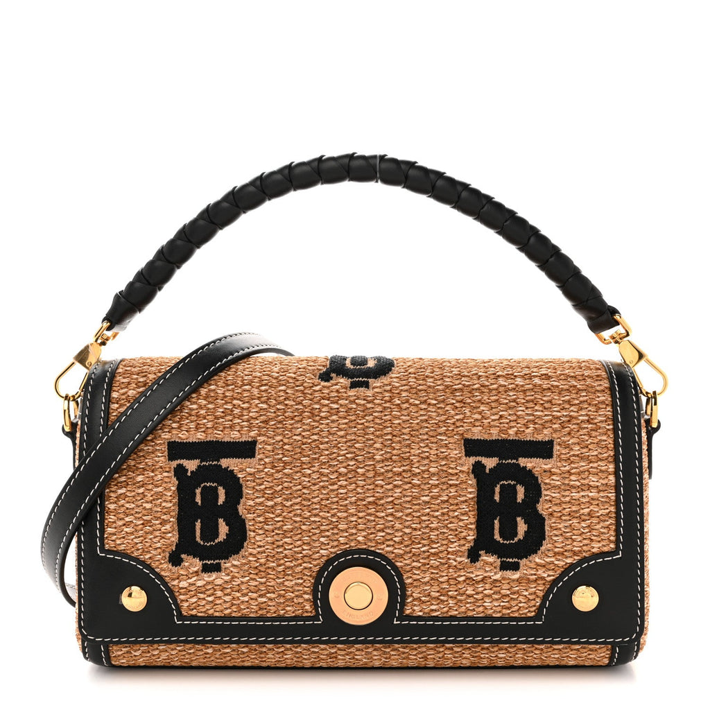 Raffia Calfskin TB Small Note Crossbody Bag Natural Black