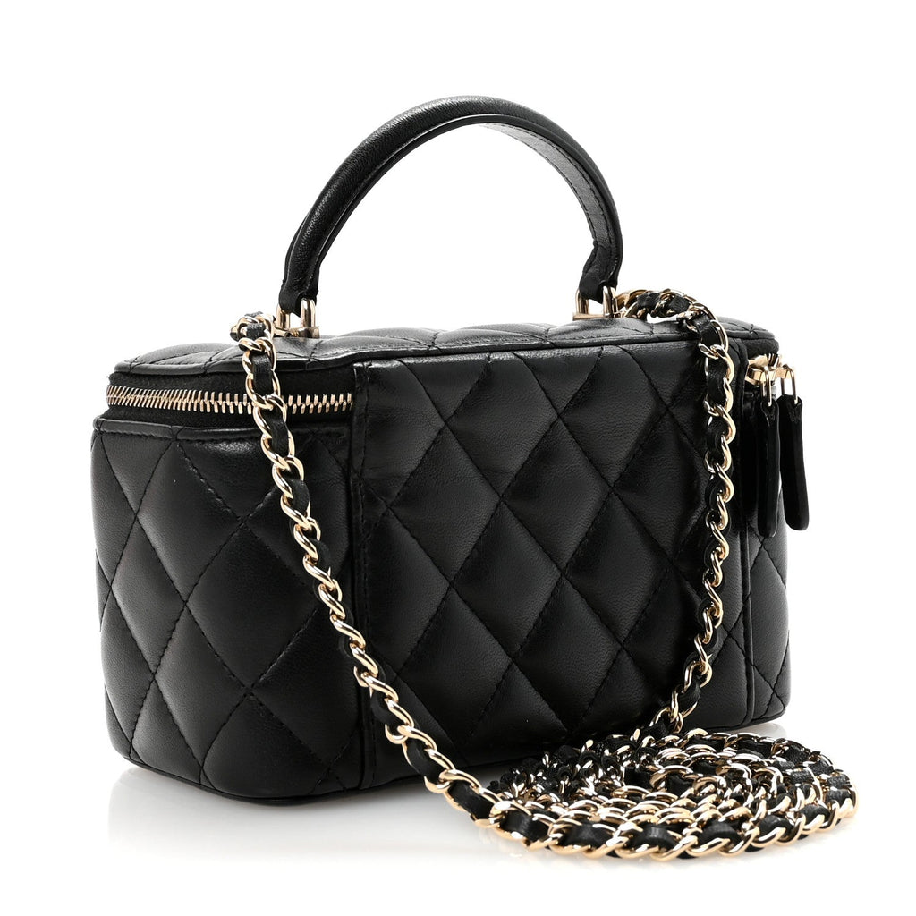 Lambskin Quilted Small Top Handle Vanity Case With Chain Black