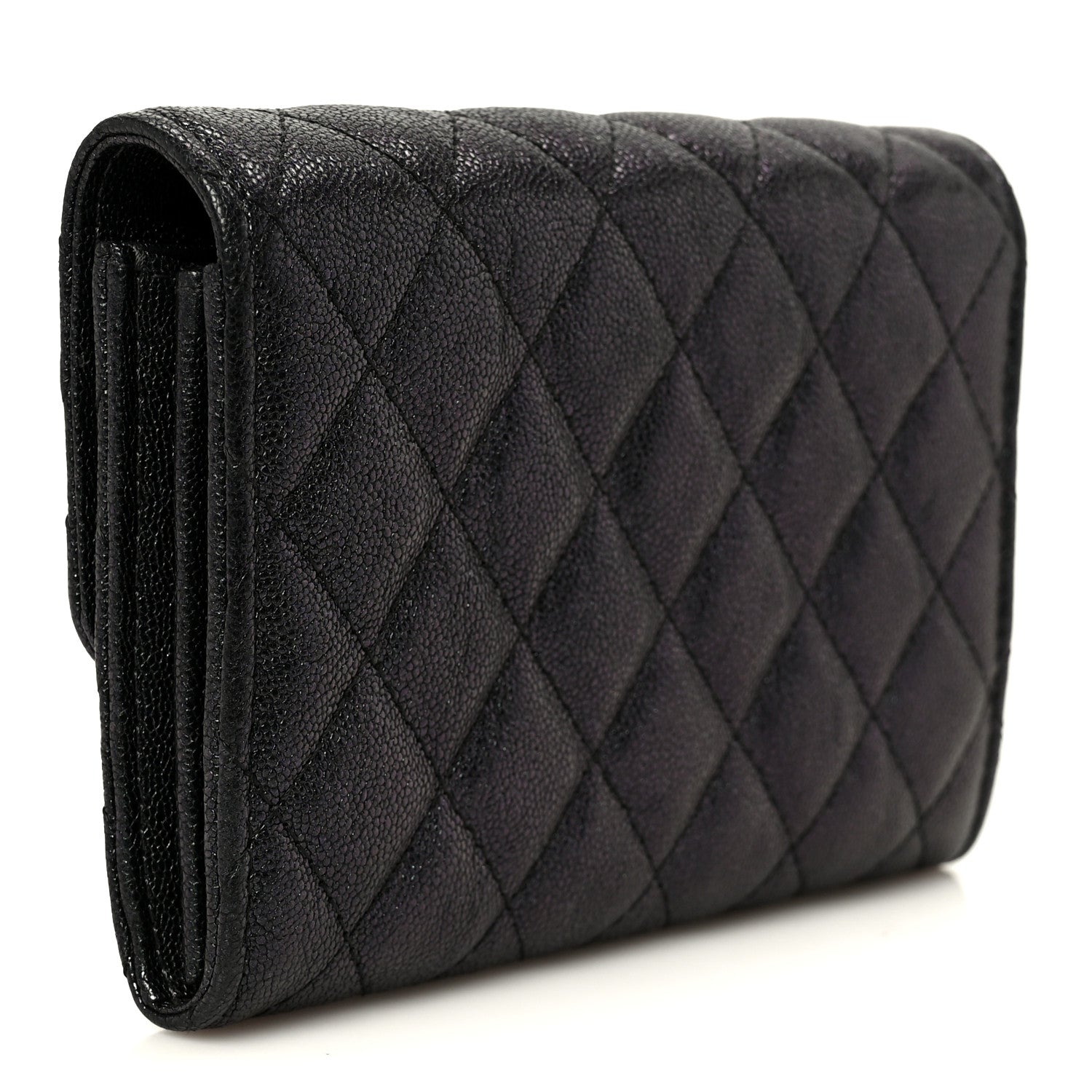 Iridescent Caviar Quilted Medium Flap Wallet Black