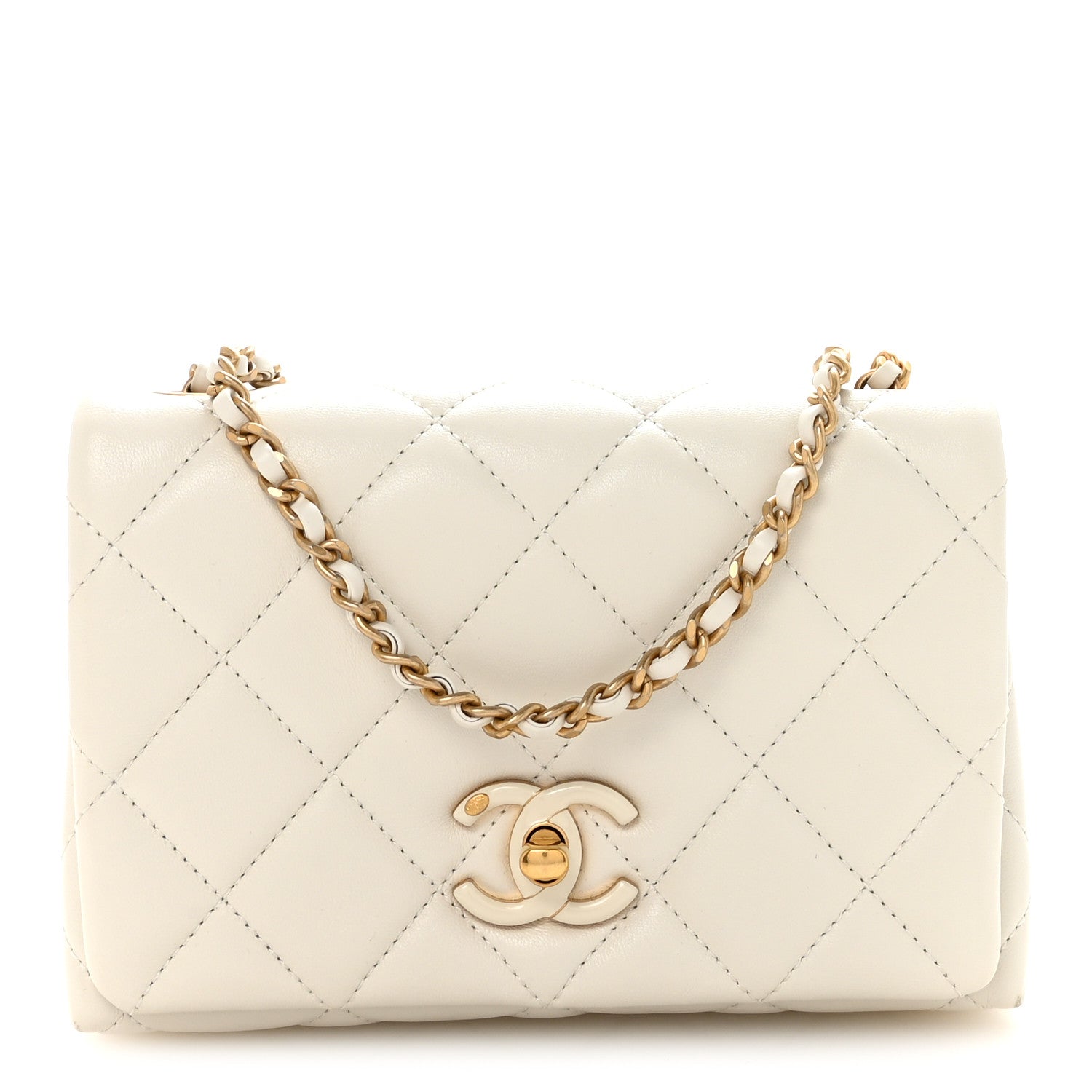 Shiny Lambskin Quilted Enamel CC Small Flap White