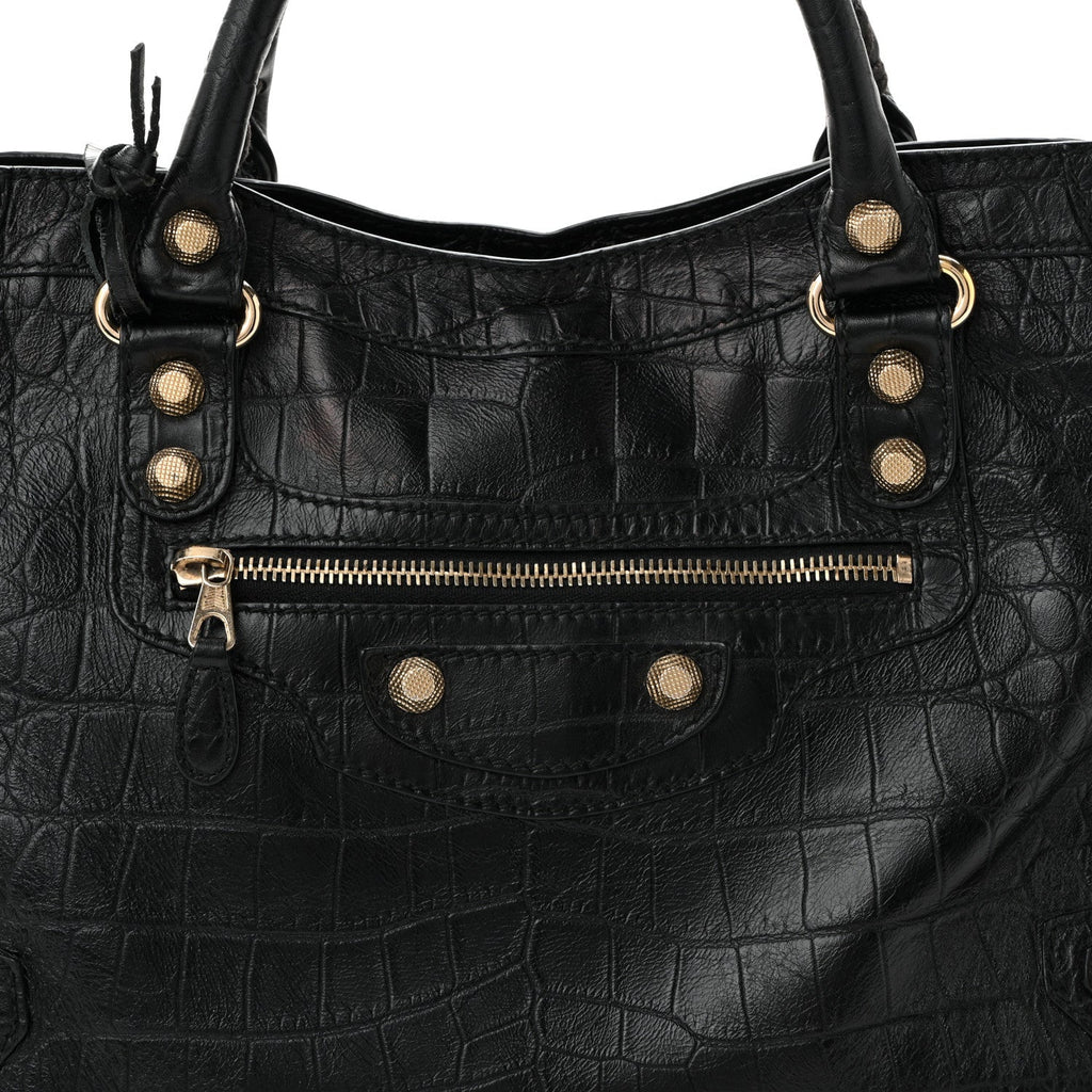 Calfskin Crocodile Embossed Giant 12 Gold Hardware City Black