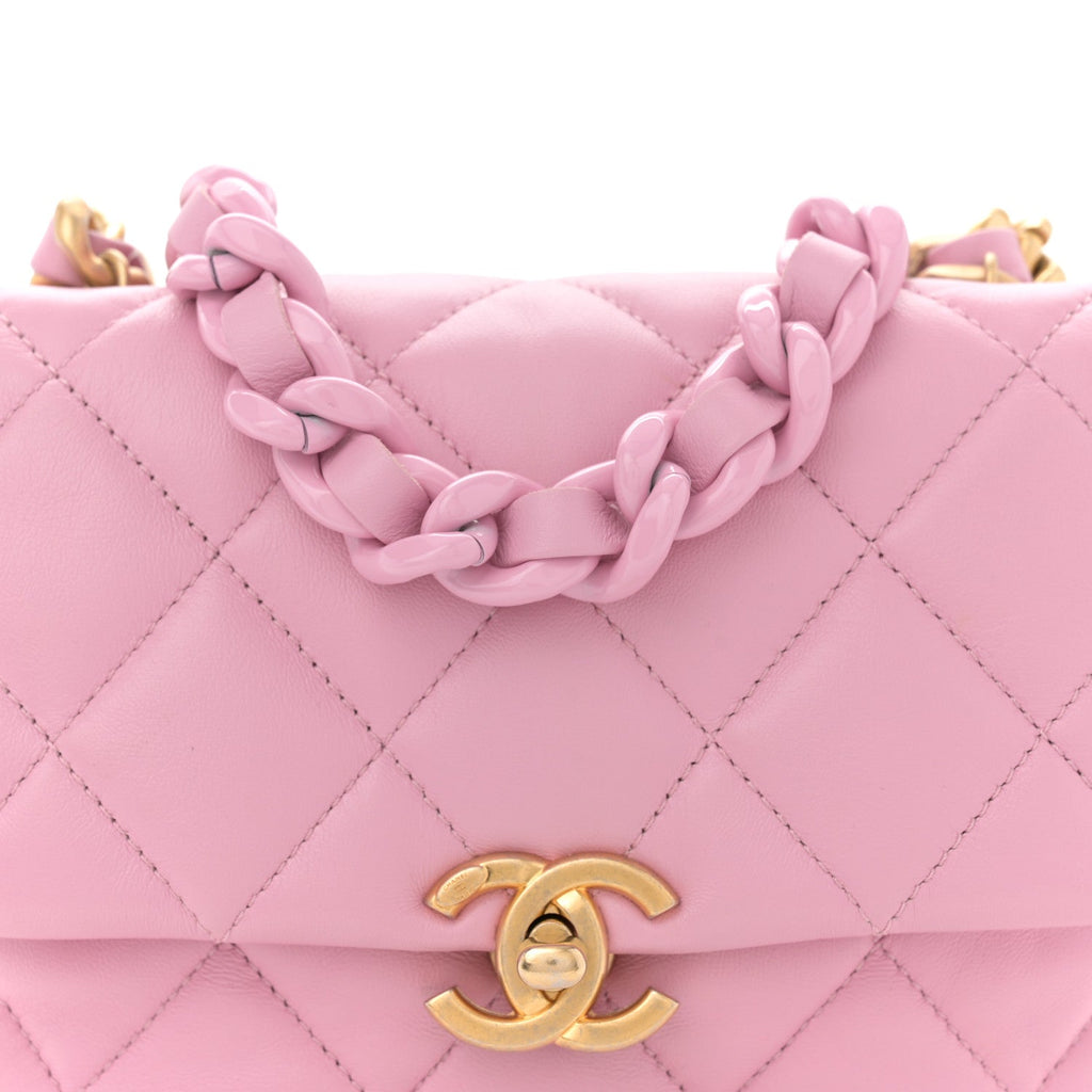 Lambskin Quilted Mini Lacquered Chain Flap Pink
