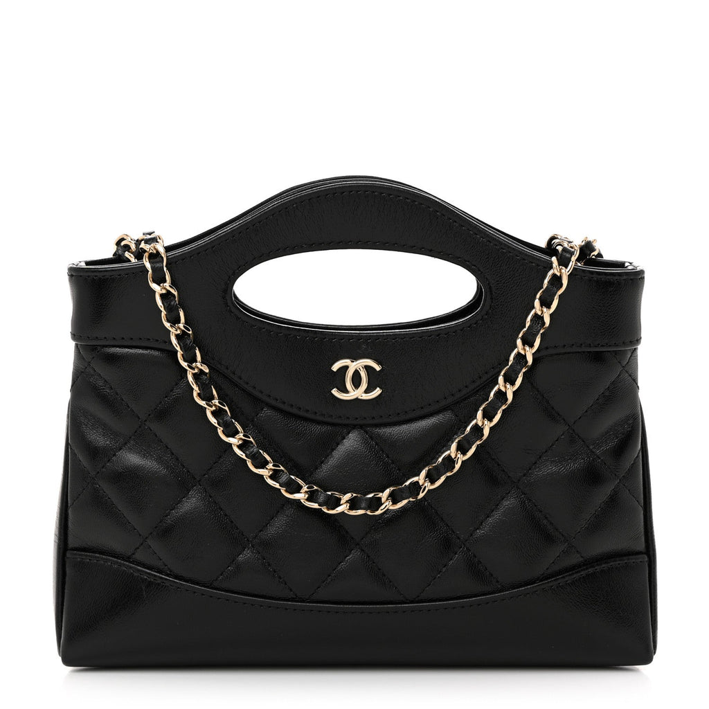 Shiny Crumpled Calfskin Quilted Nano 31 Shopping Bag Black