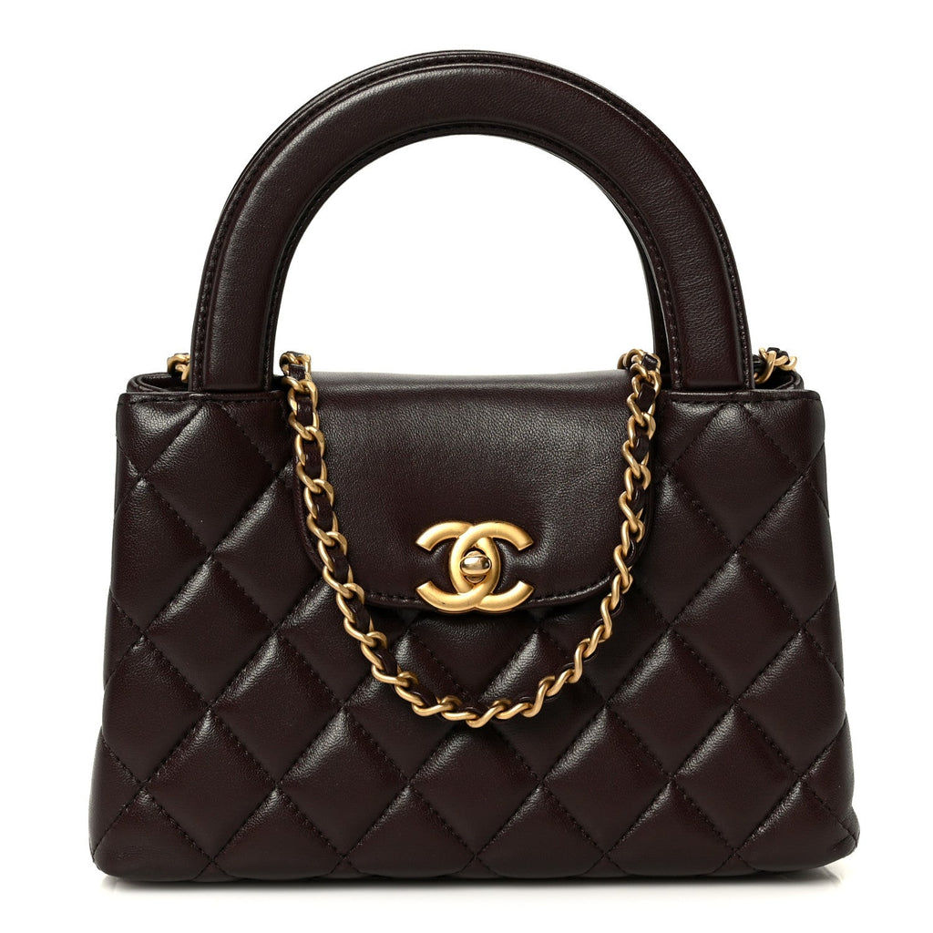Shiny Aged Calfskin Quilted Nano Kelly Shopper Dark Brown