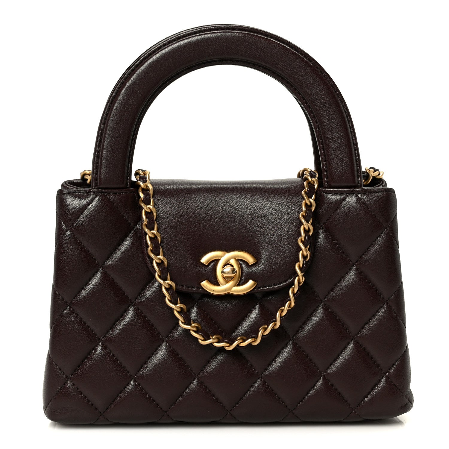 Shiny Aged Calfskin Quilted Nano Kelly Shopper Dark Brown