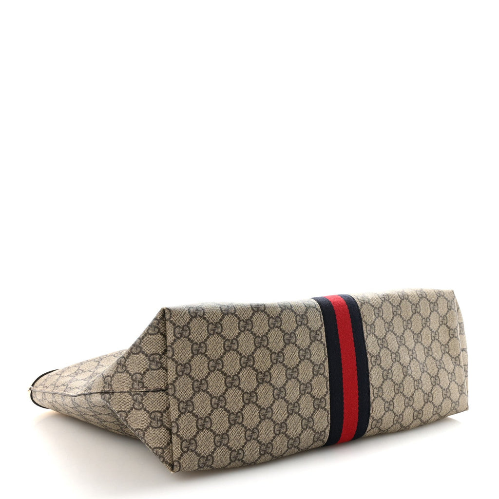 GG Supreme Monogram Textured Calfskin Web Medium Ophidia Shopping Tote Beige Ebony Mystic White