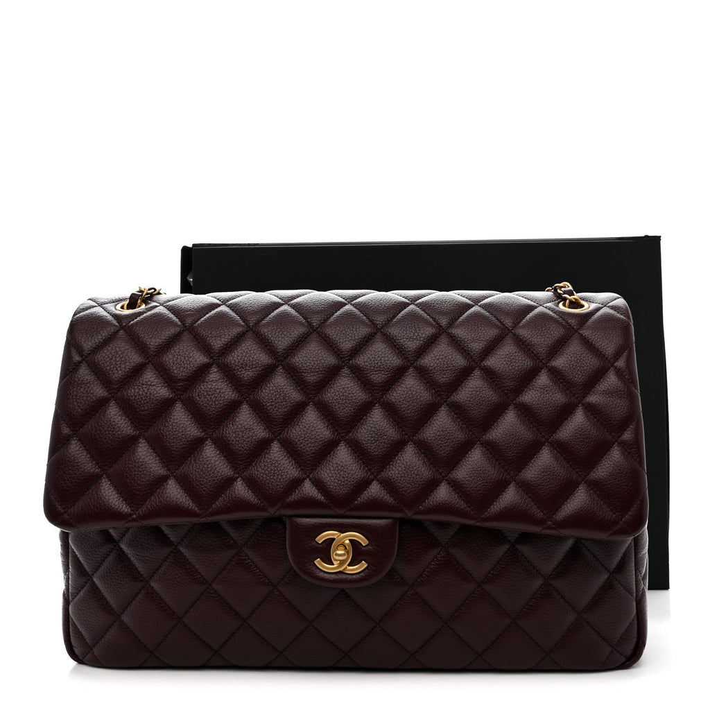 Grained Calfskin Quilted XXL Travel Flap Bag Burgundy