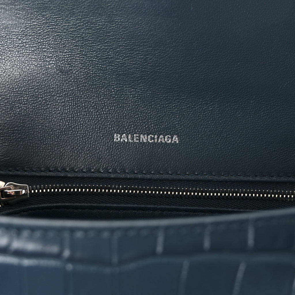 Shiny Calfskin Crocodile Embossed Small Hourglass Top Handle Bag Dark Petrol Blue