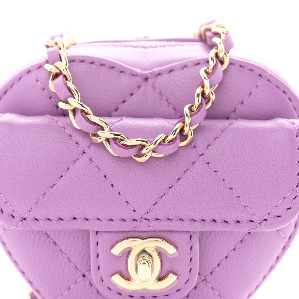 Lambskin Quilted CC In Love Heart Waist Belt Bag With Chain Purple
