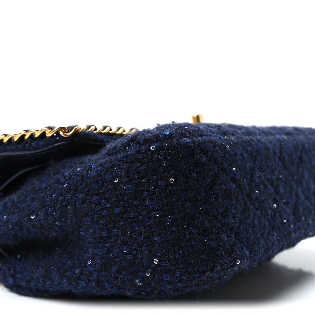 Tweed Sequin Timeless Classic Chained Double Flap Navy Blue