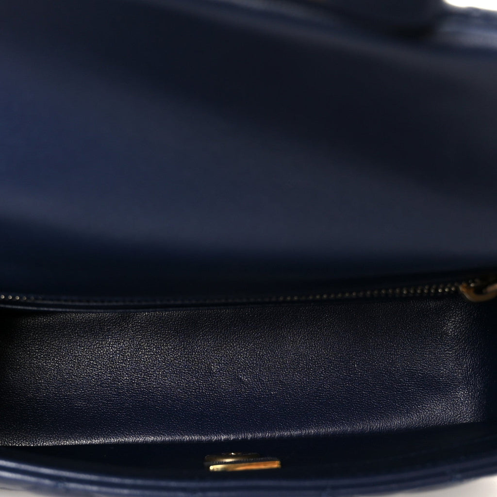 Lambskin Quilted Mini Pearl Crush Rectangular Flap Navy Blue