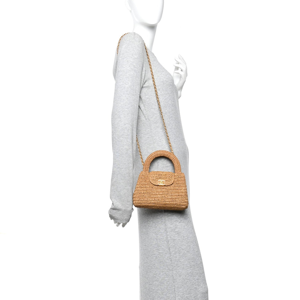 Braided Raffia Nano Kelly Flap Bag Dark Beige