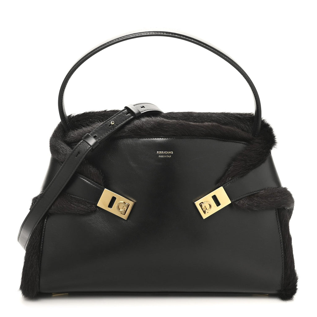 Calfskin Shearling Medium Hug Bag Black