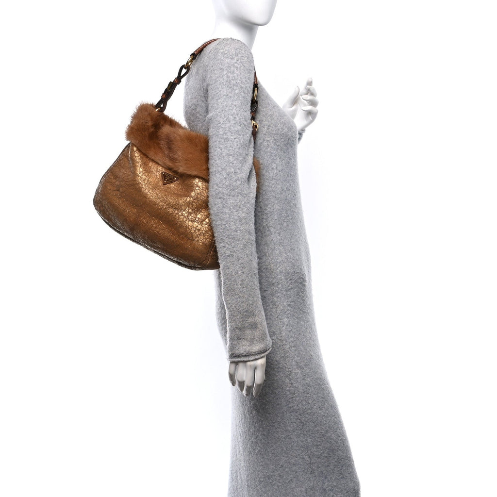 Metallic Suede Mink Shearling Crocodile Embossed Tote Gold