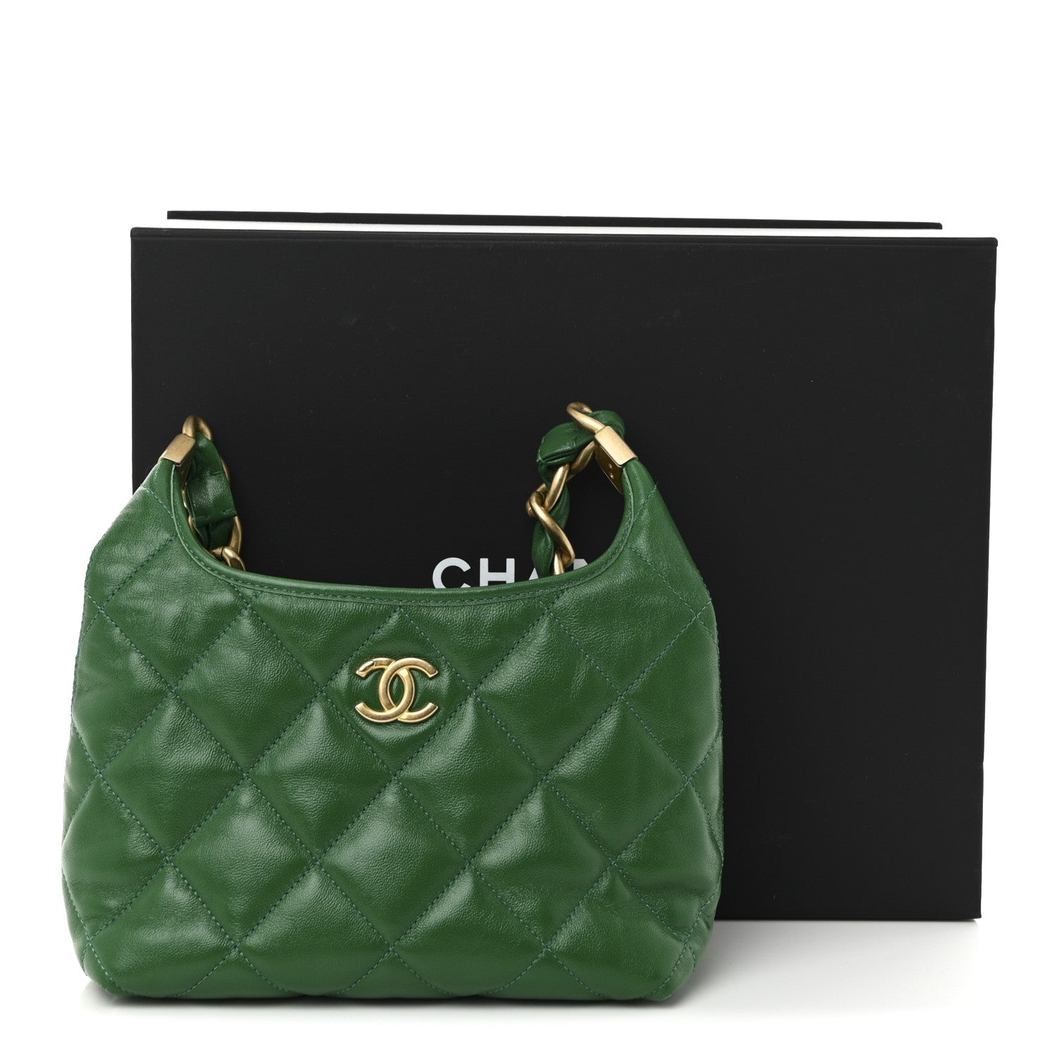 Shiny Crumpled Lambskin Quilted Small CC Funky Town Hobo Green