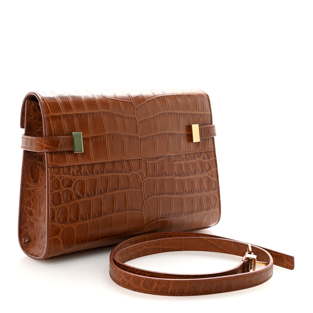 Shiny Calfskin Crocodile Embossed Small Manhattan Baguette Dark Caramel