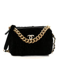 Velvet Camellia Embossed Barrel Clutch With Chain  Black