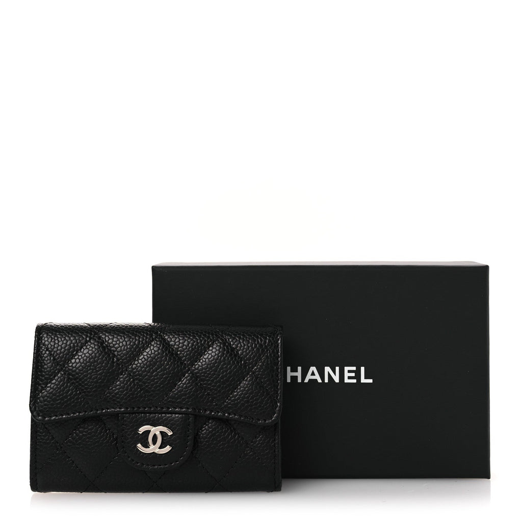Caviar Quilted Flap  Holder Wallet Black