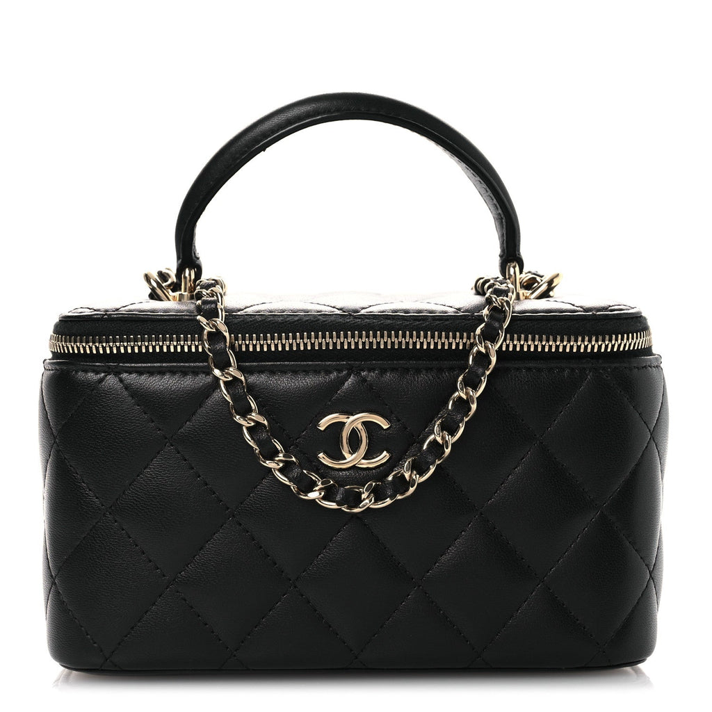 Lambskin Quilted Small Top Handle Vanity Case With Chain Black
