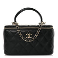 Lambskin Quilted Small Top Handle Vanity Case With Chain Black
