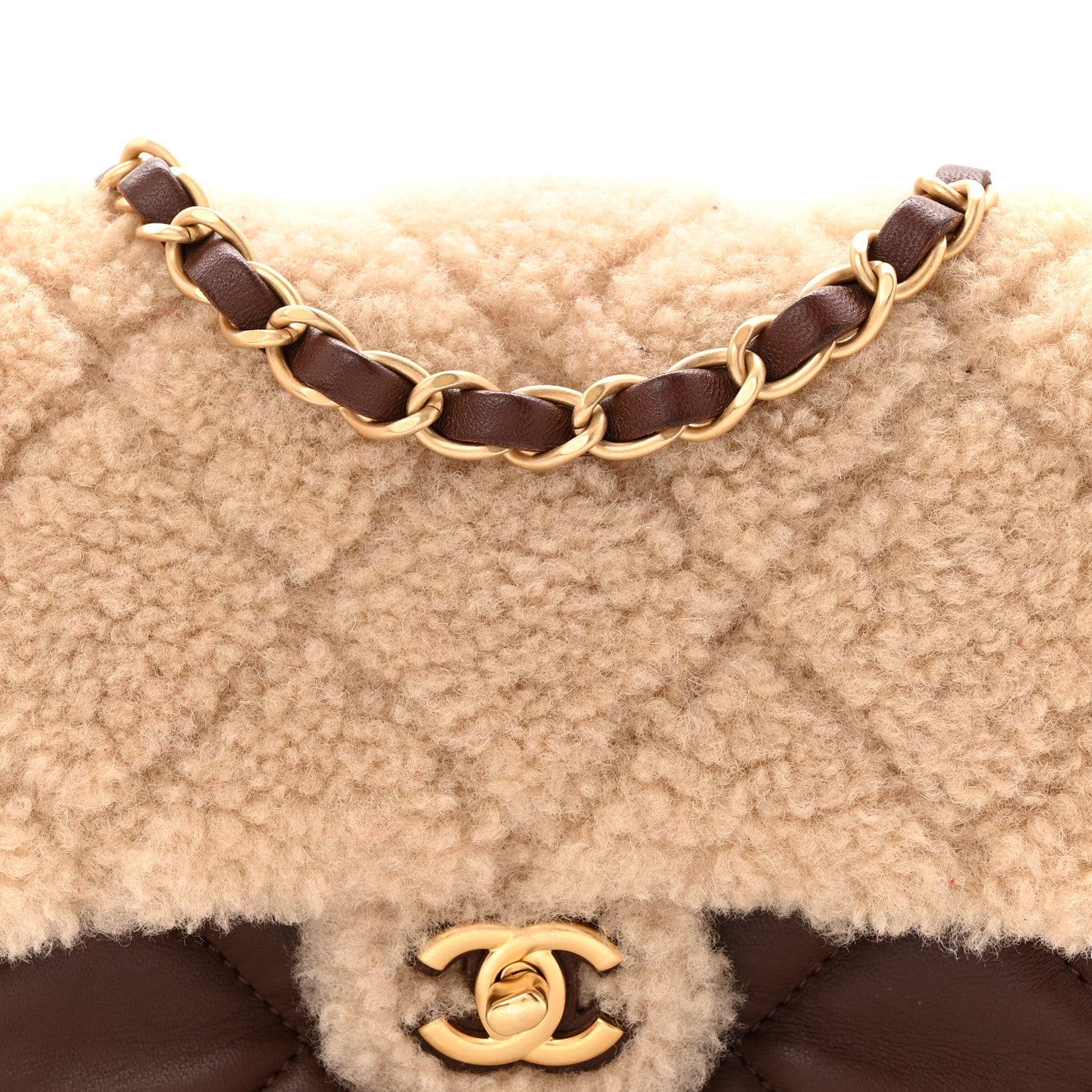 Shearling Lambskin Quilted Mini Furry Coco Flap Beige Dark Brown