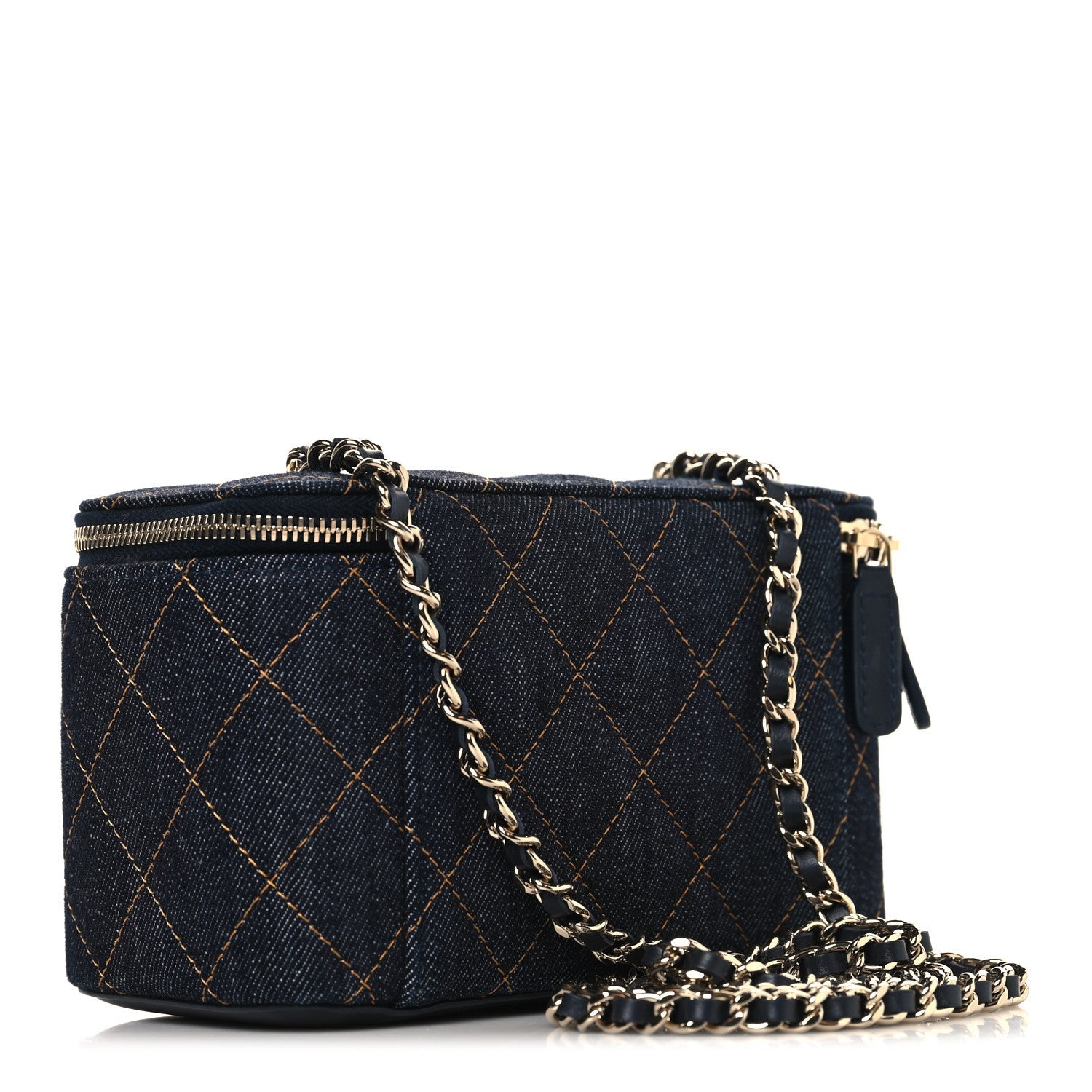 Denim Quilted Vanity Case With Chain Dark Blue