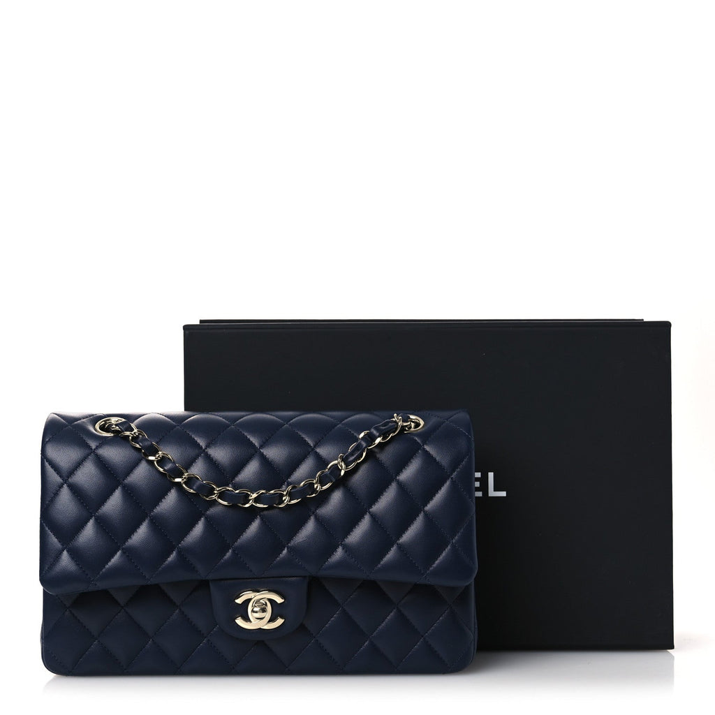 Lambskin Quilted Medium Double Flap Navy