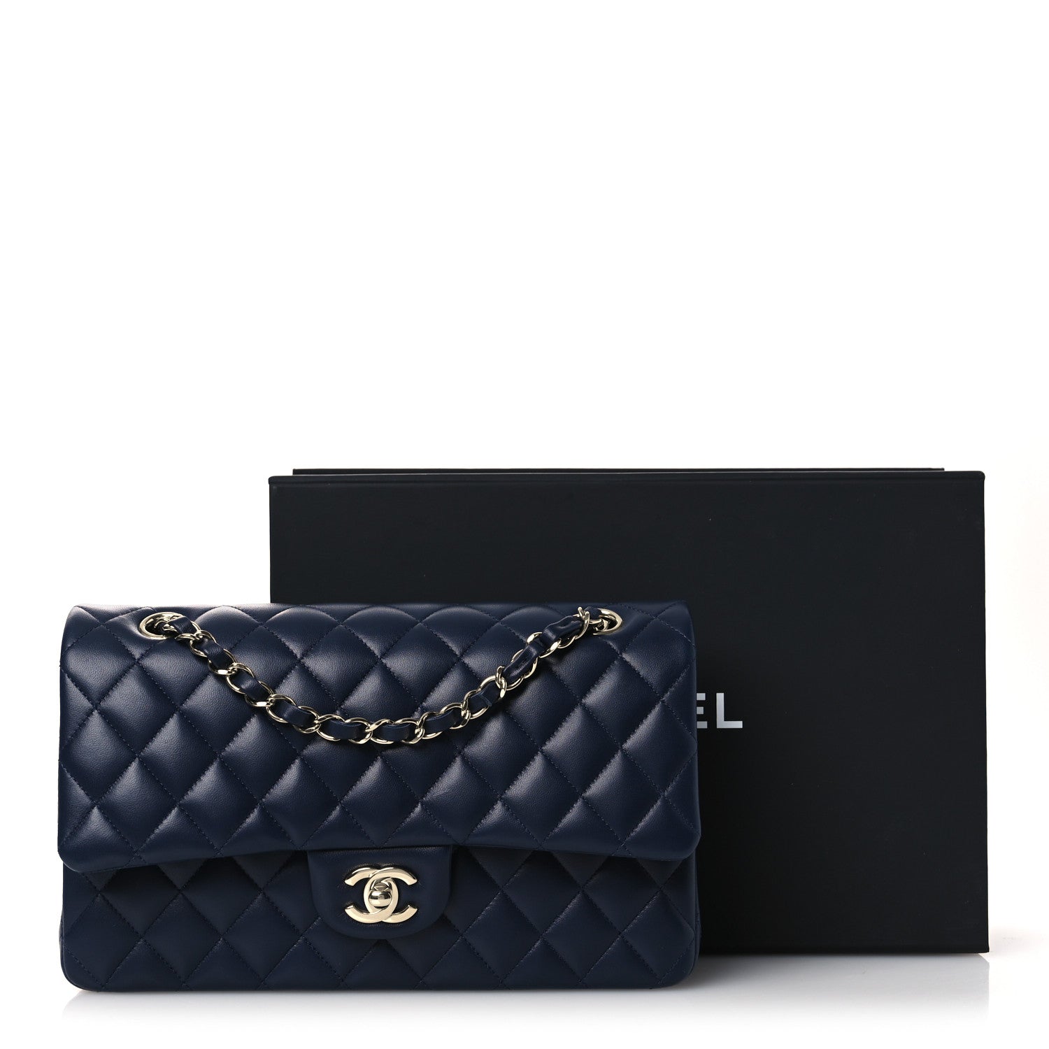 Lambskin Quilted Medium Double Flap Navy