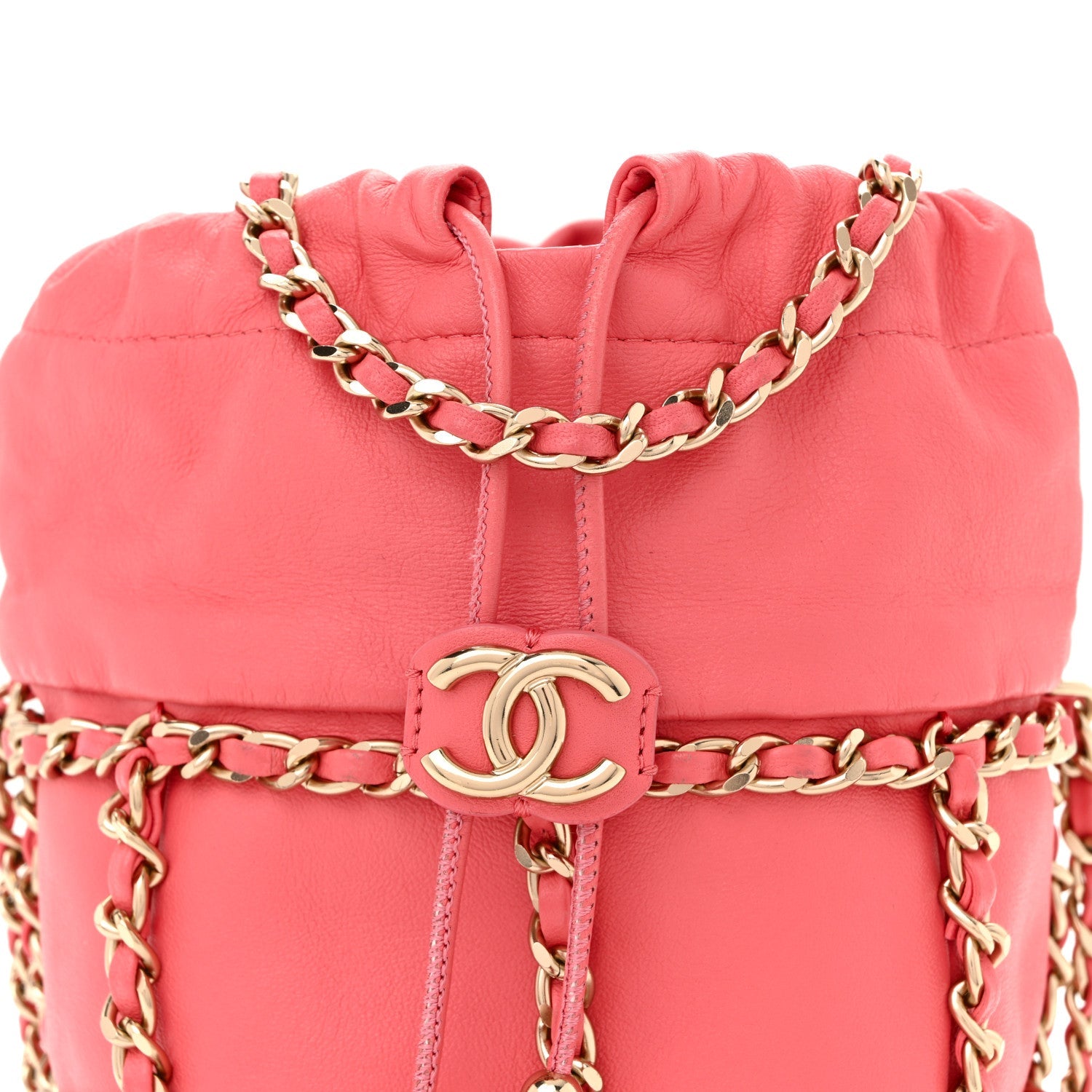 Lambskin Bucket Chain Drawstring Bag Pink
