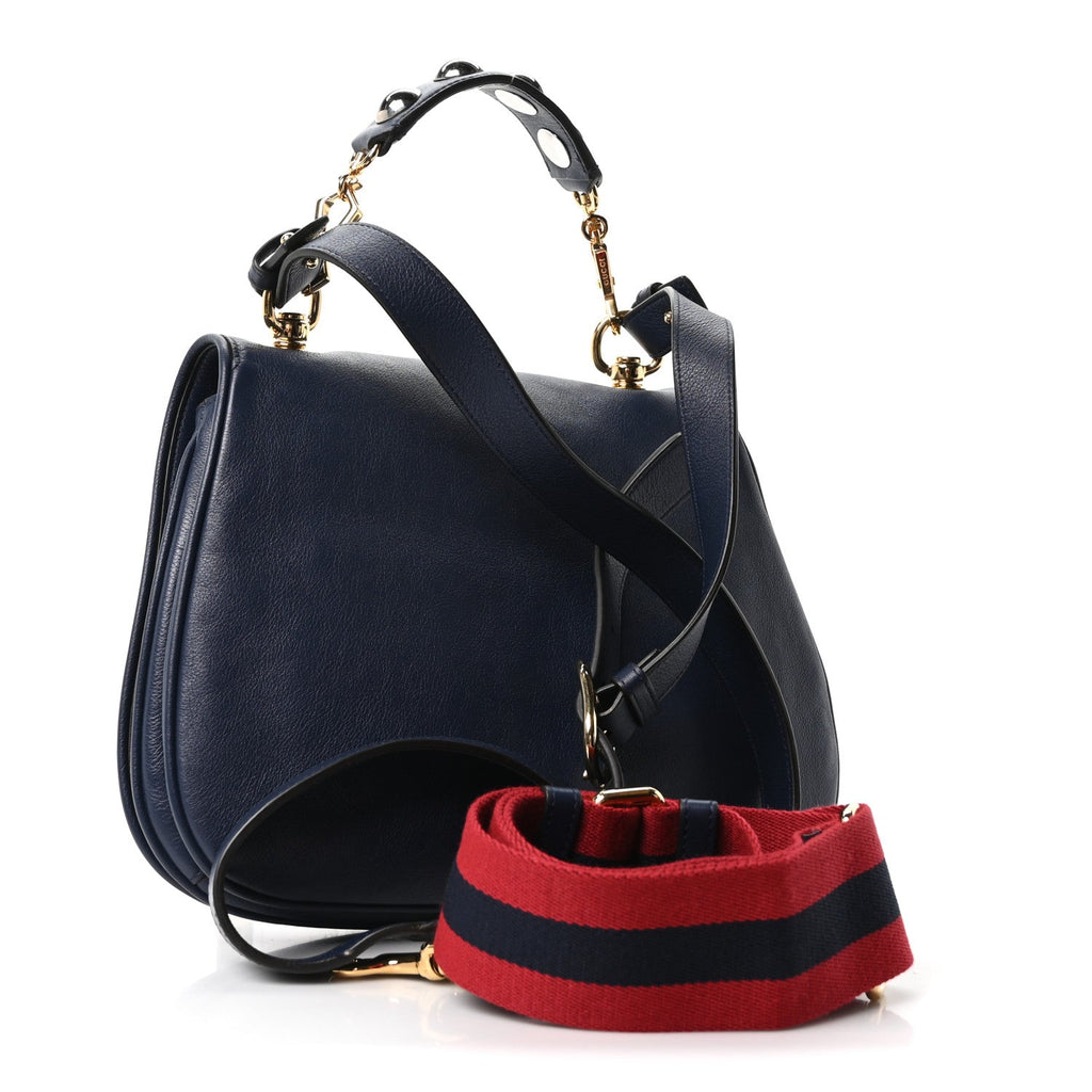 Roxy Calfskin Web Medium Blondie Top Handle Shoulder Flap Bag Blue Agata