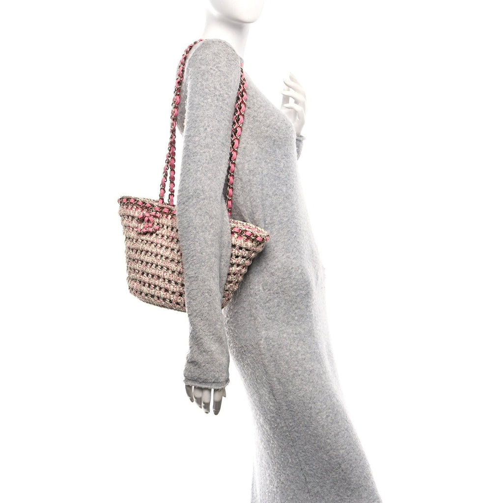 Mixed Fibers Calfskin Crochet Small Shopping Bag Beige Pink