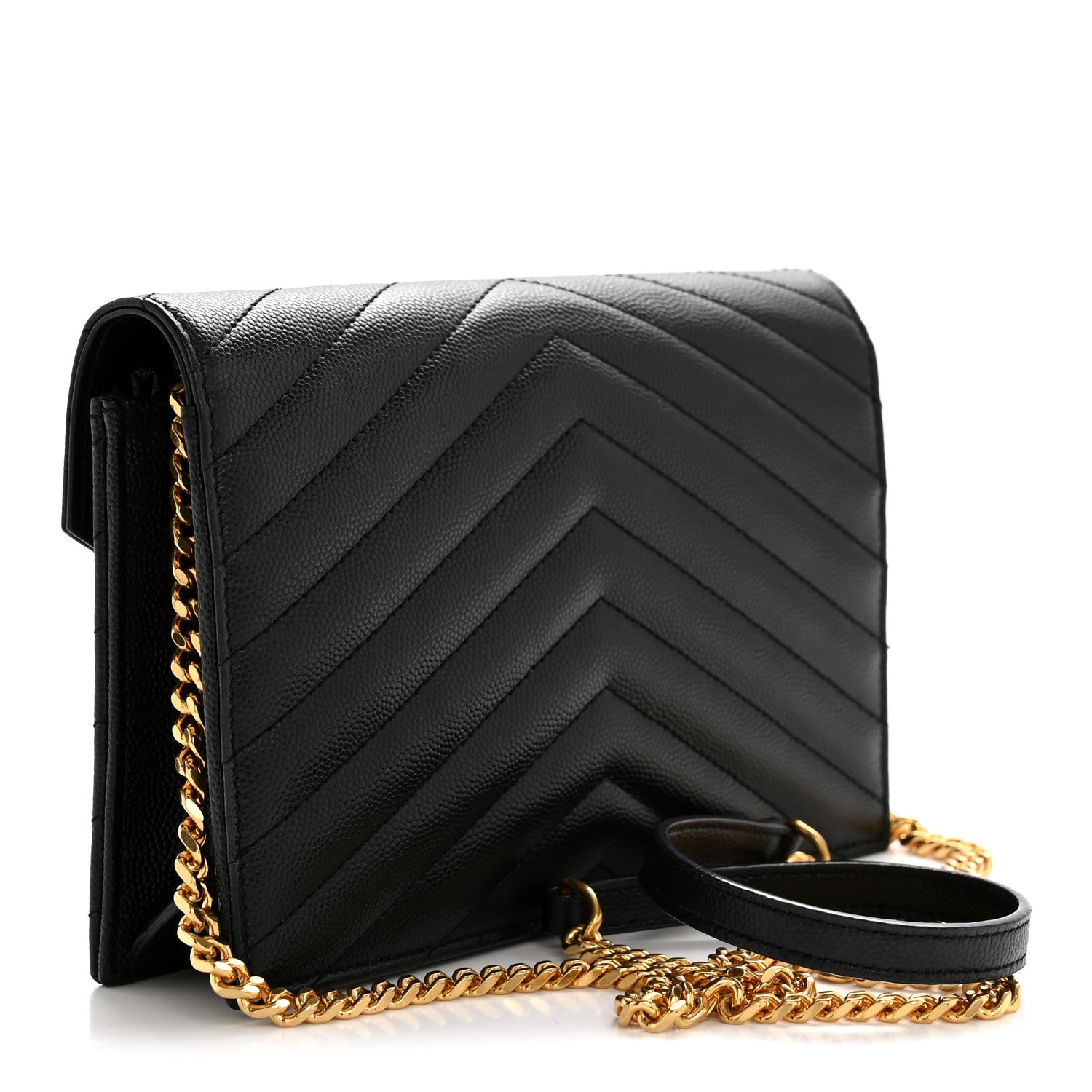 Grain De Poudre Matelasse Chevron Monogram Envelope Chain Wallet Black